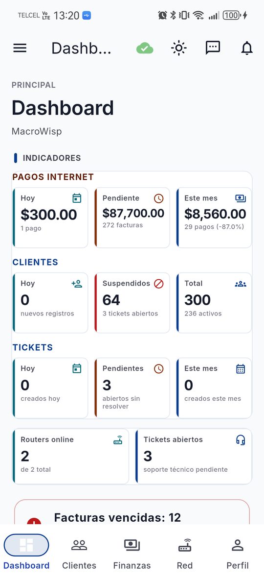Dashboard de MacroWisp en el celular: pagos, clientes activos y tickets